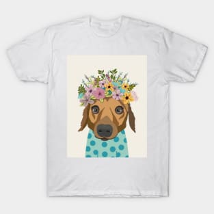 Dog in floral crown wearing a polka dot blue jumper T-Shirt